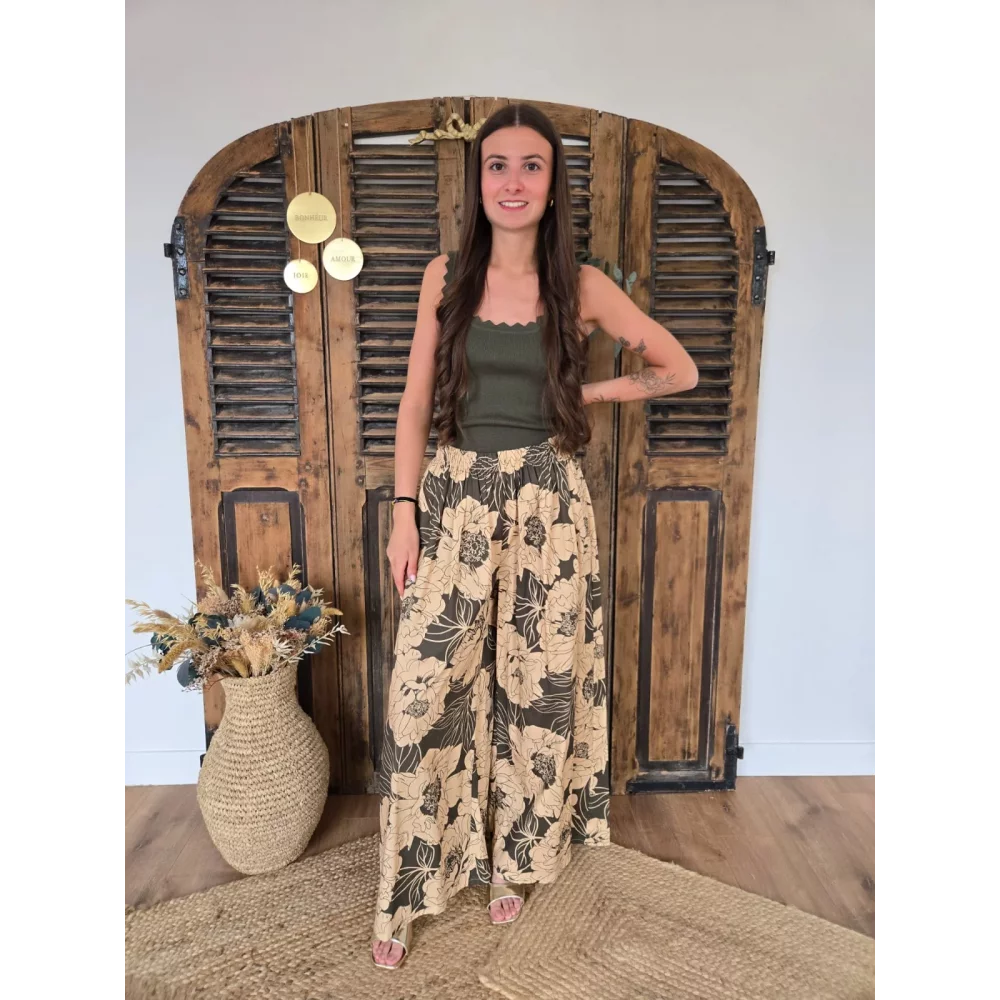 Pantalon fluide en coton fleurs camel et kaki