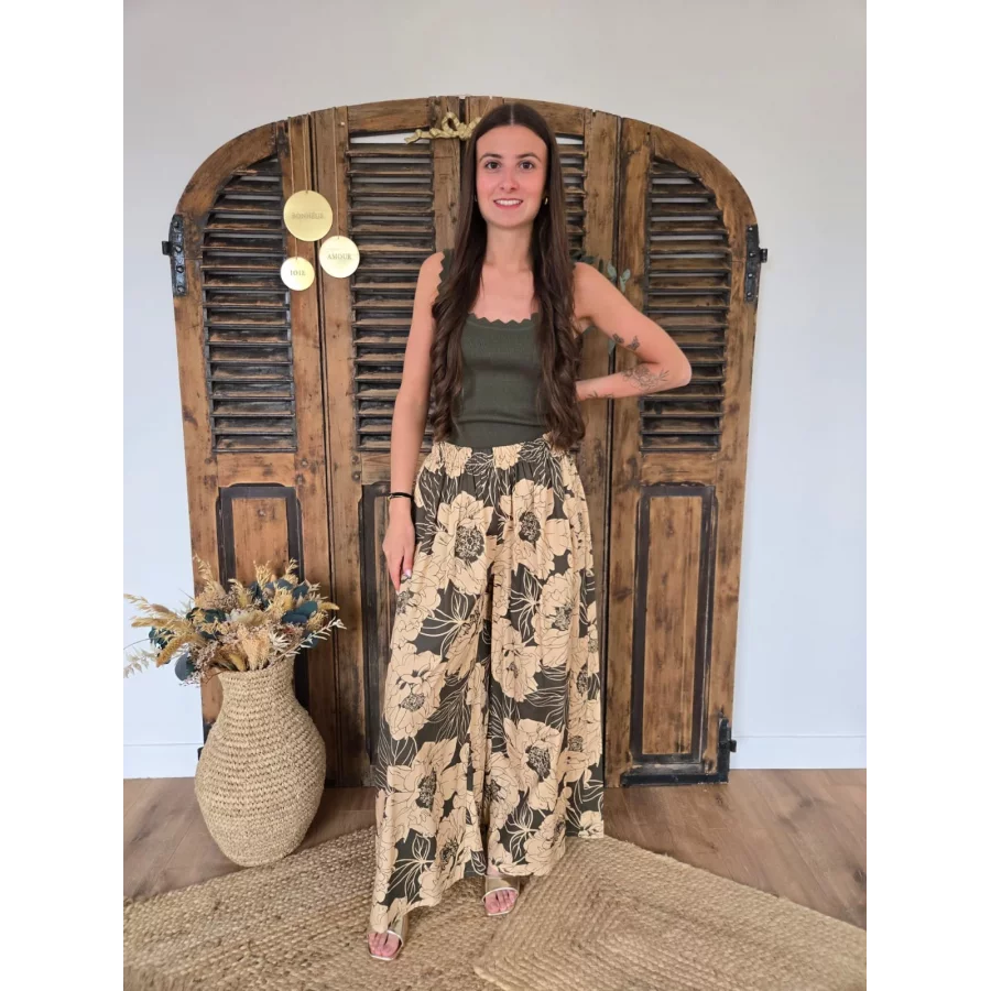 Pantalon fluide en coton fleurs camel et kaki