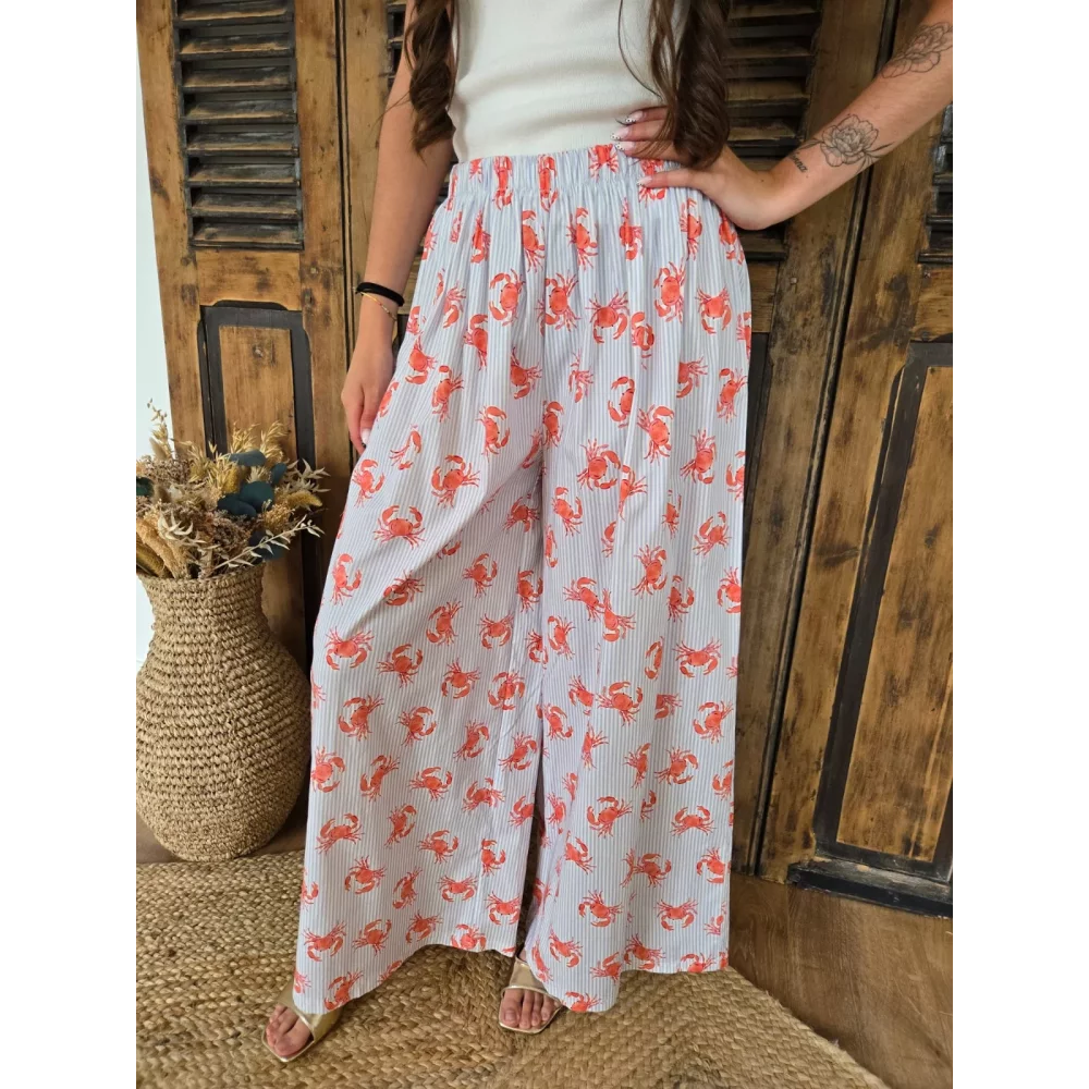 Pantalon fluide en coton bleu rayé et crabes