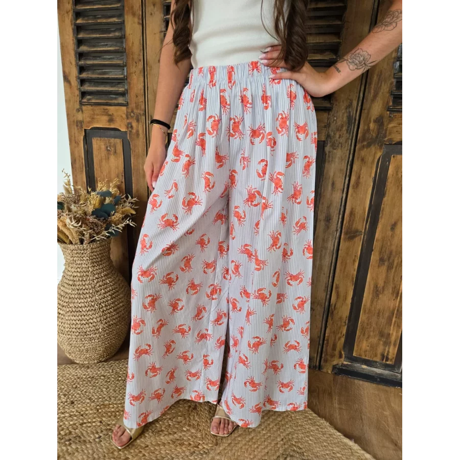 Pantalon fluide en coton bleu rayé et crabes