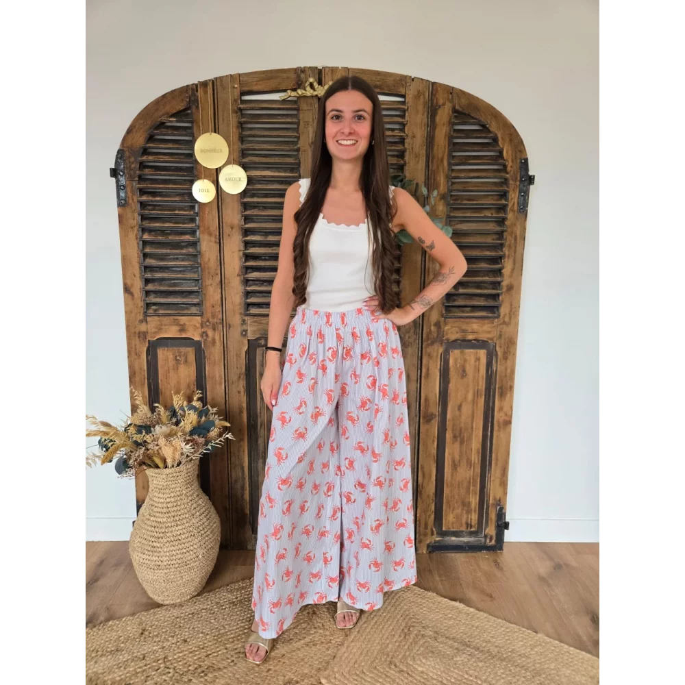 Pantalon fluide en coton bleu rayé et crabes