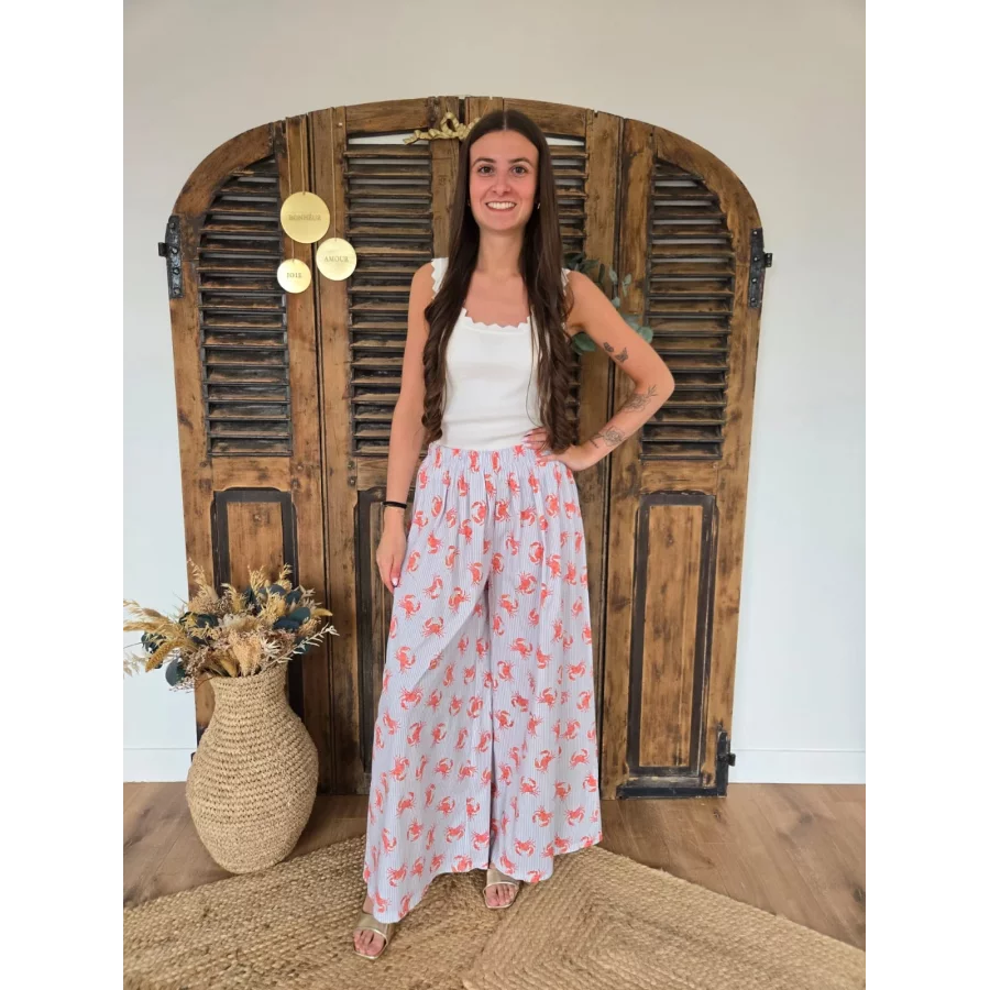 Pantalon fluide en coton bleu rayé et crabes
