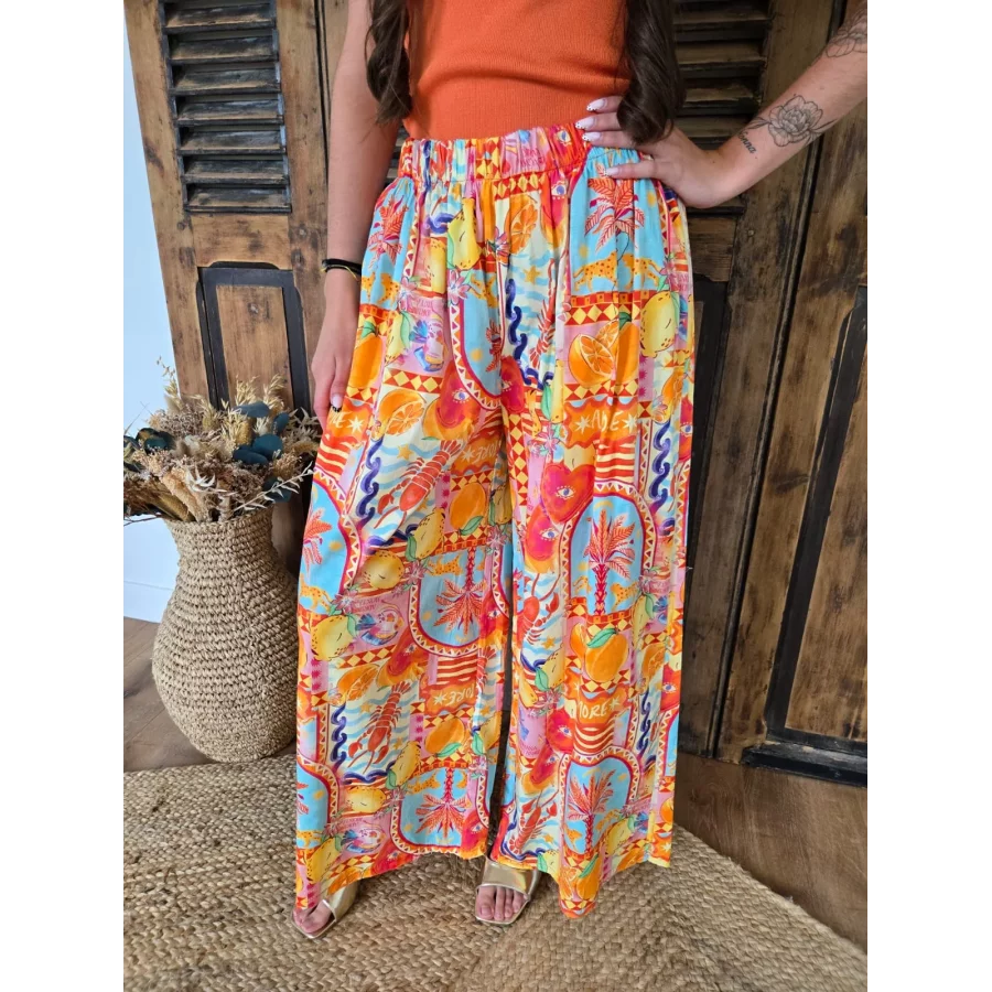 Pantalon fluide en coton motif estival