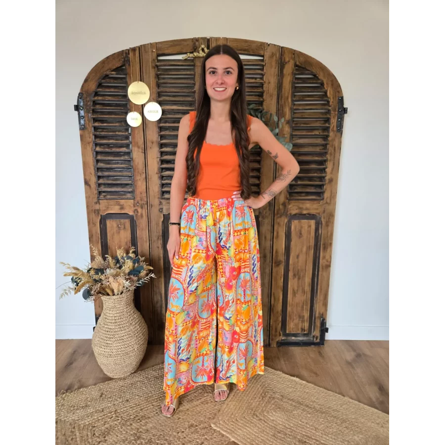 Pantalon fluide en coton motif estival