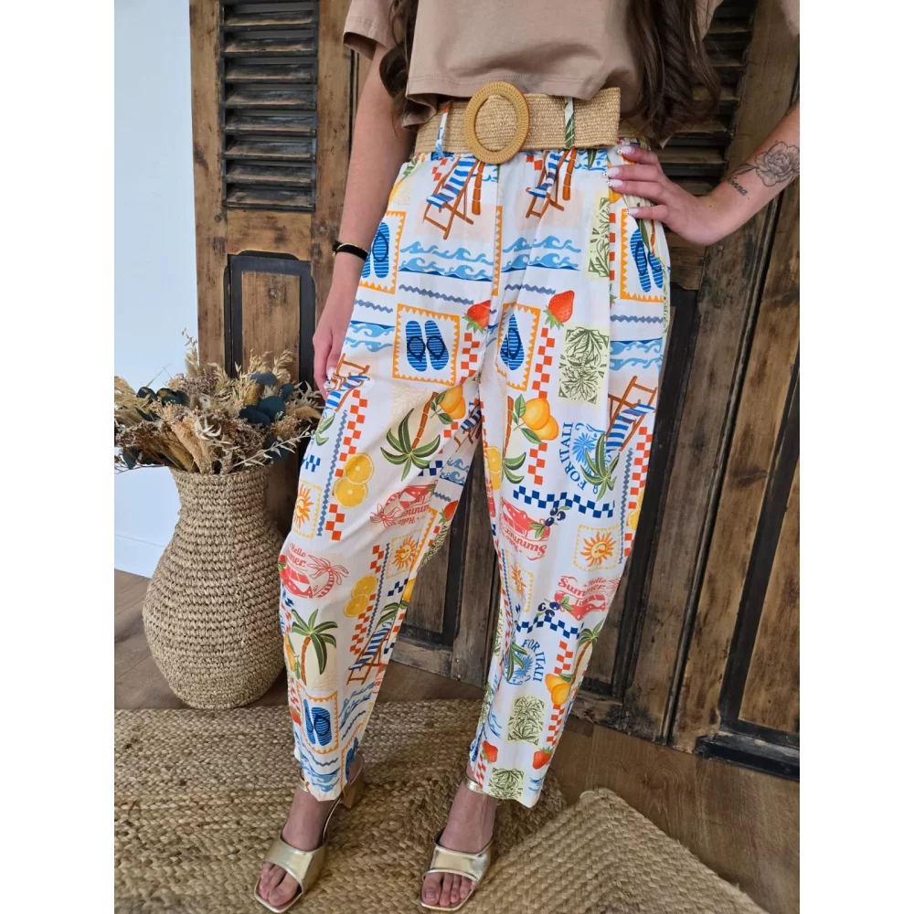 Pantalon en coton motif estival et ceinture corde