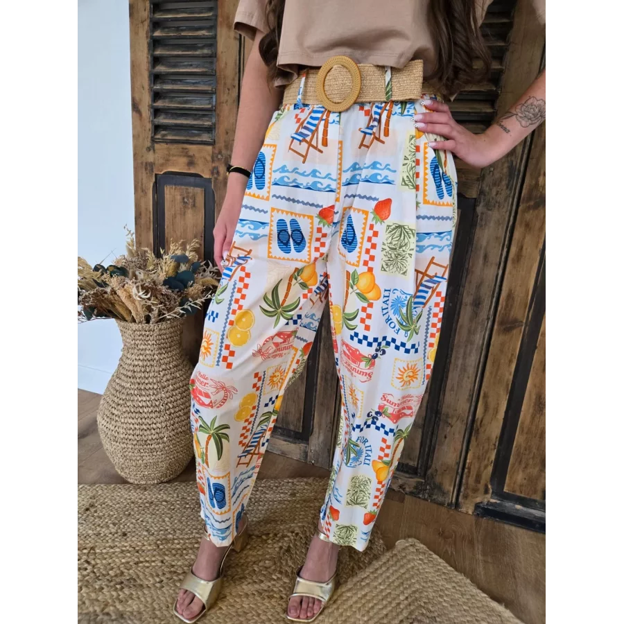 Pantalon en coton motif estival et ceinture corde