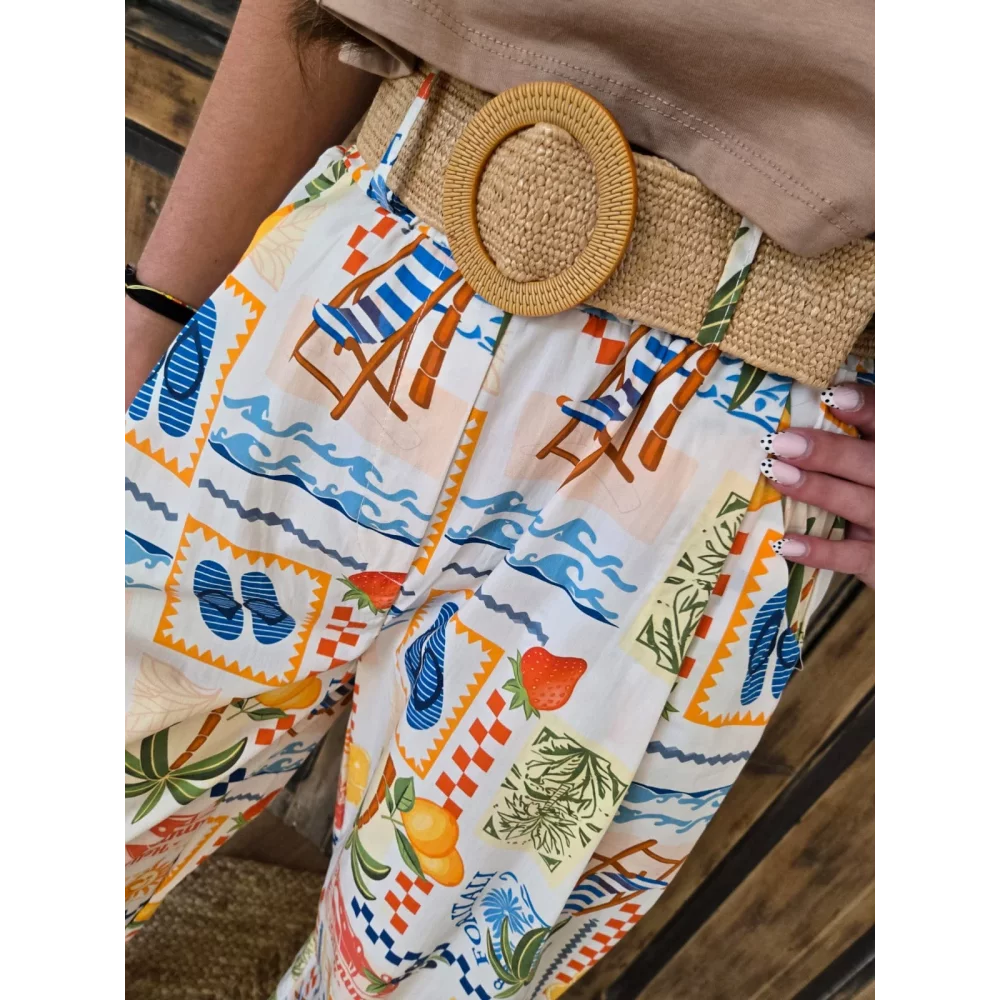 Pantalon en coton motif estival et ceinture corde