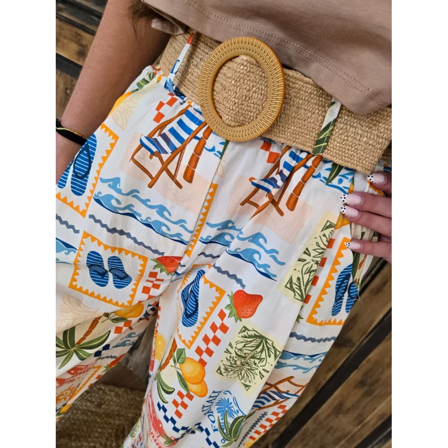 Pantalon en coton motif estival et ceinture corde
