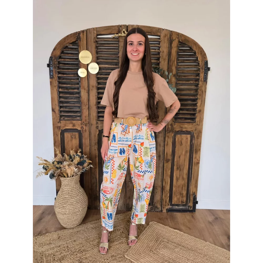 Pantalon en coton motif estival et ceinture corde