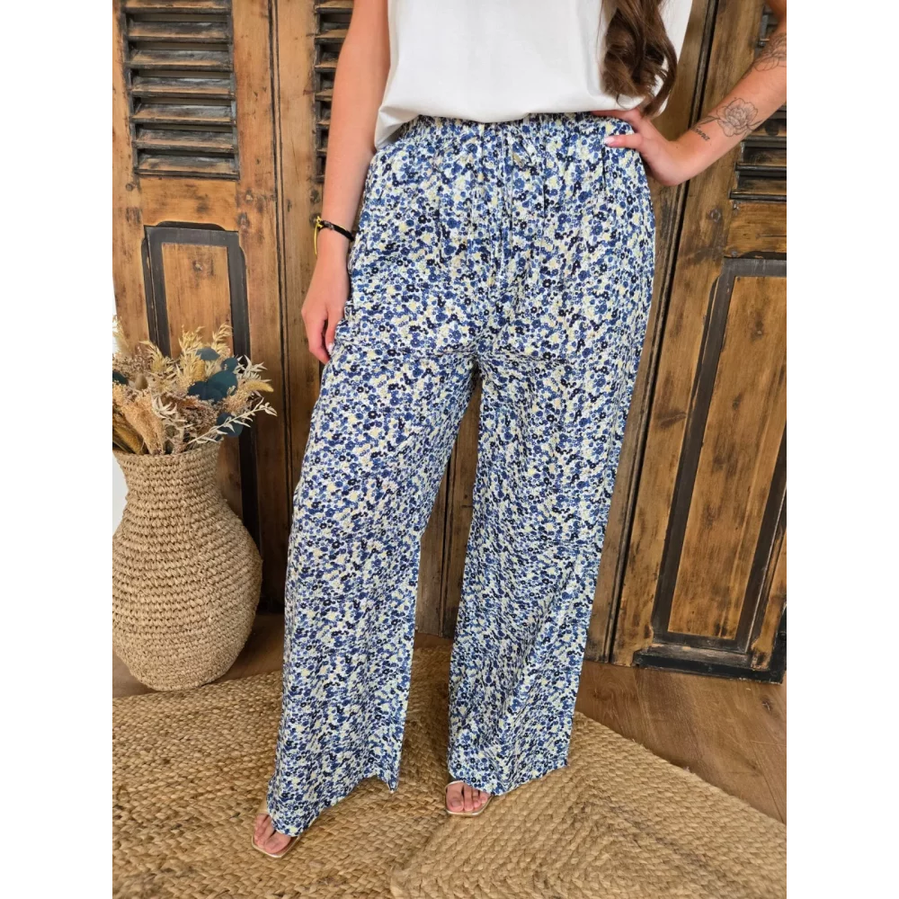 Pantalon fluide en coton fleurs liberty bleu marine