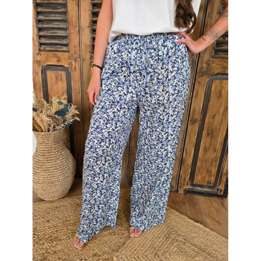 Pantalon fluide en coton fleurs liberty bleu marine