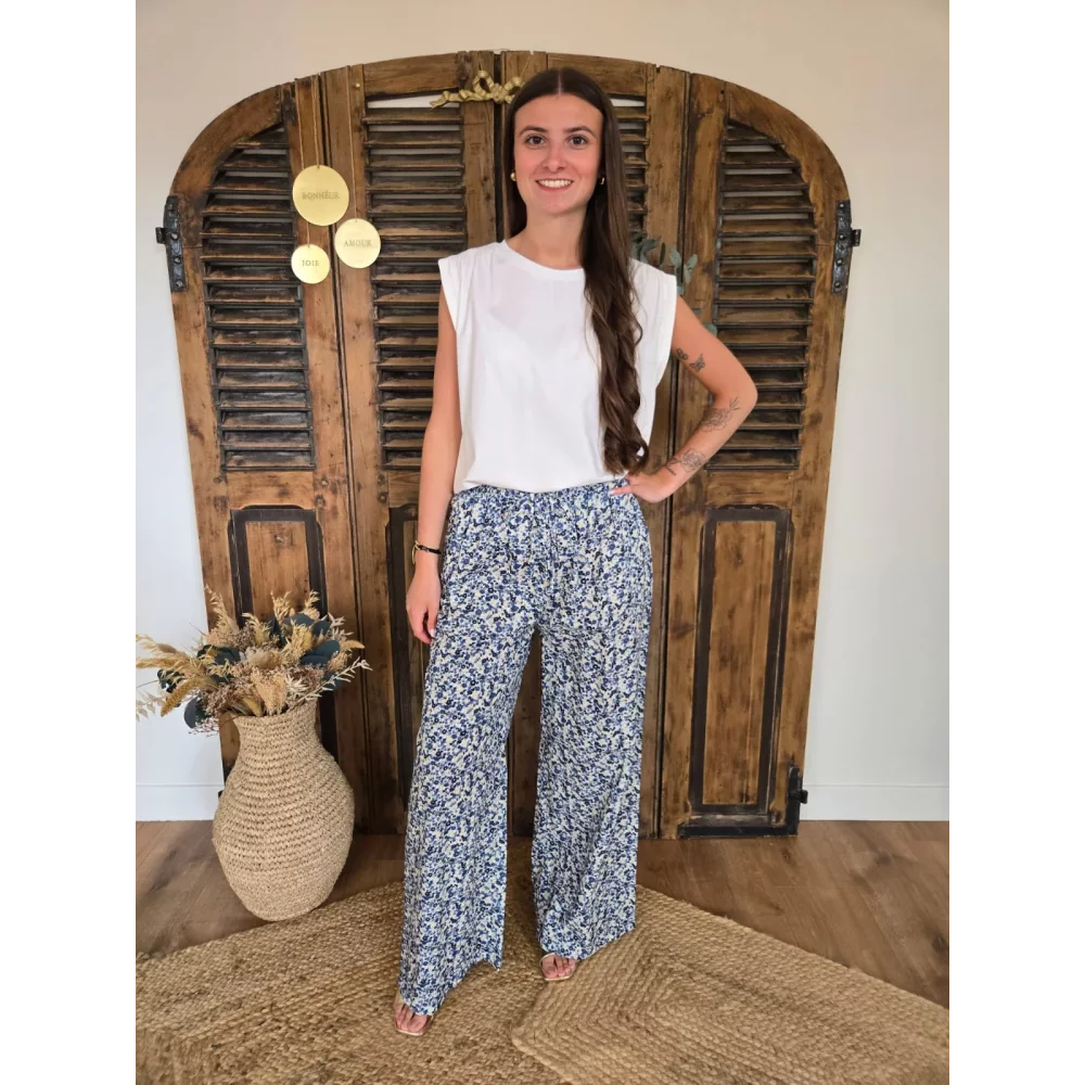 Pantalon fluide en coton fleurs liberty bleu marine
