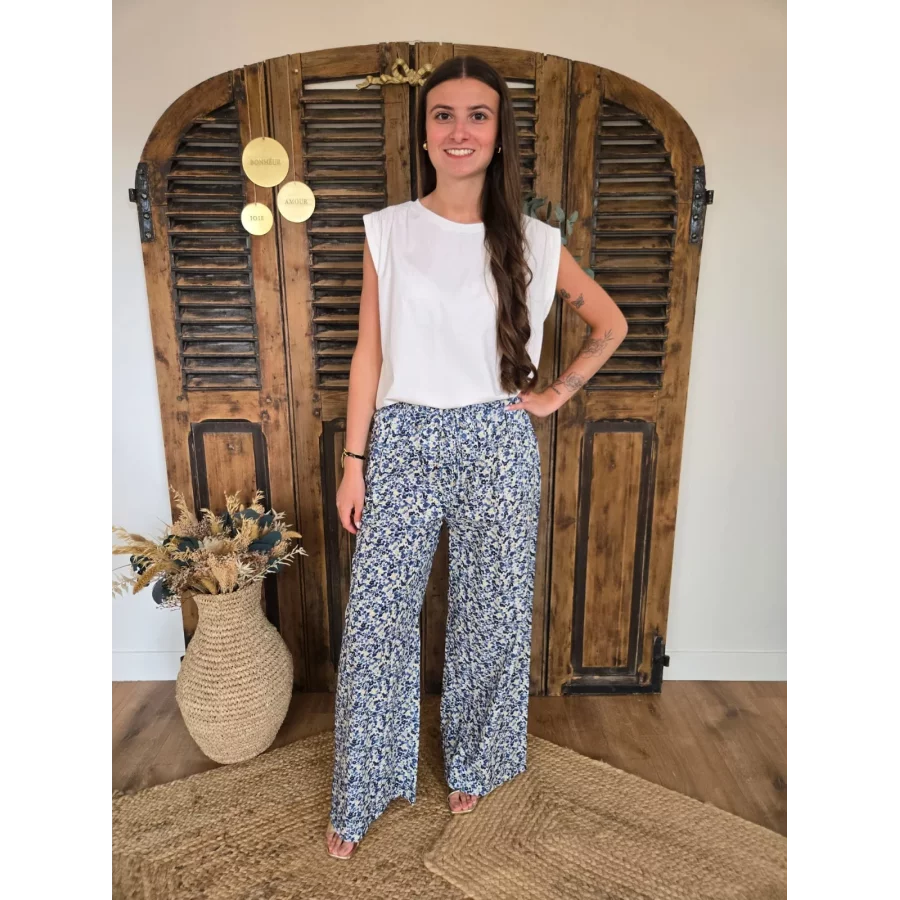 Pantalon fluide en coton fleurs liberty bleu marine