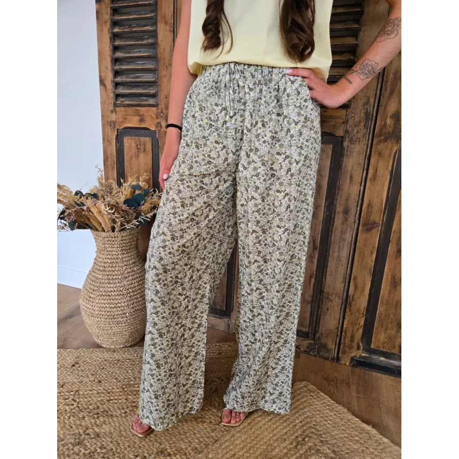 Pantalon fluide en coton fleurs liberty vert kaki