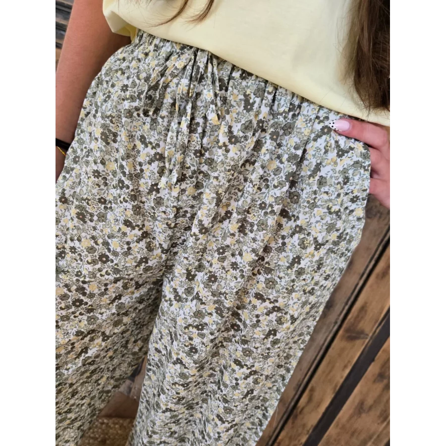 Pantalon fluide en coton fleurs liberty vert kaki
