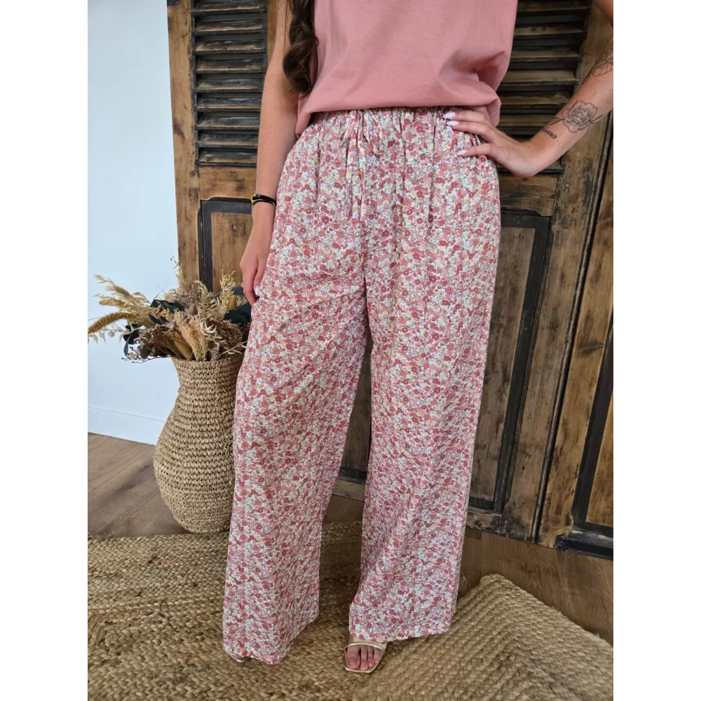 Pantalon fluide en coton fleurs liberty vieux rose