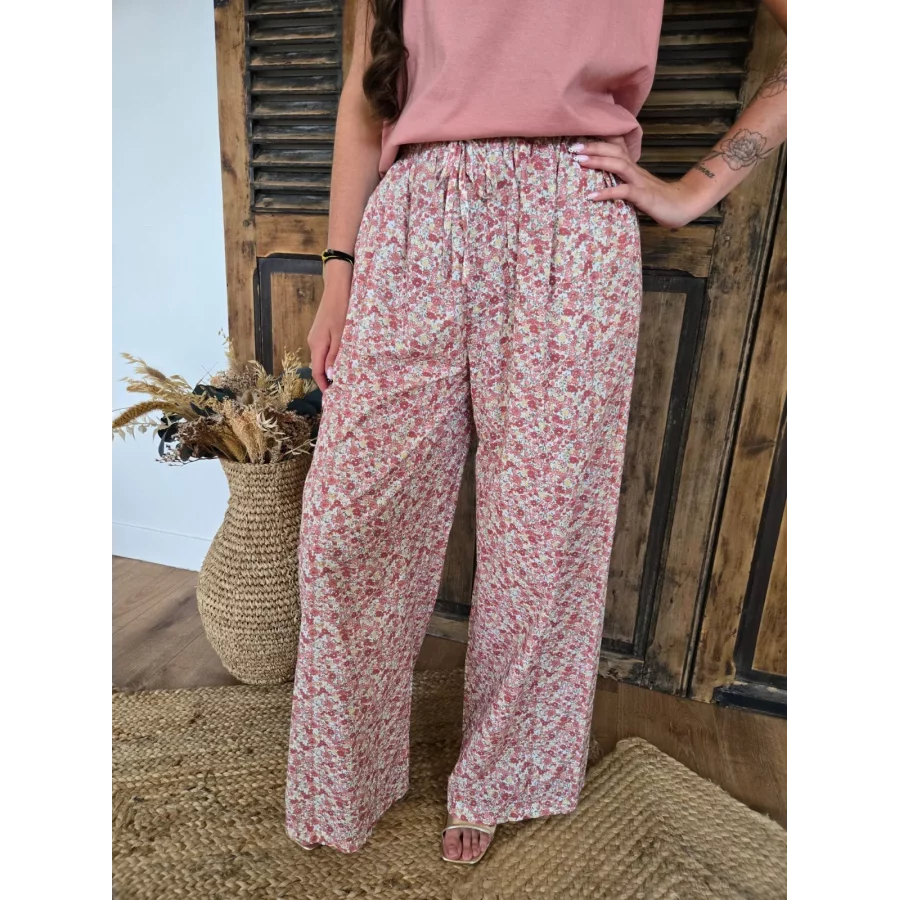 Pantalon fluide en coton fleurs liberty vieux rose