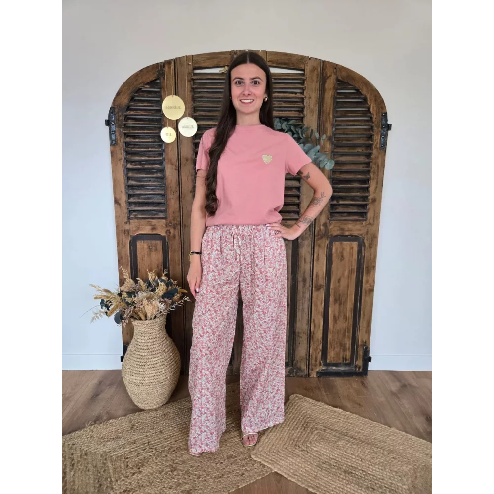 Pantalon fluide en coton fleurs liberty vieux rose
