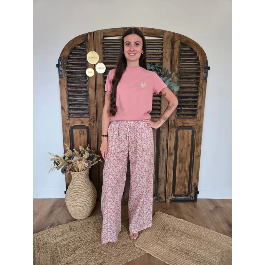 Pantalon fluide en coton fleurs liberty vieux rose