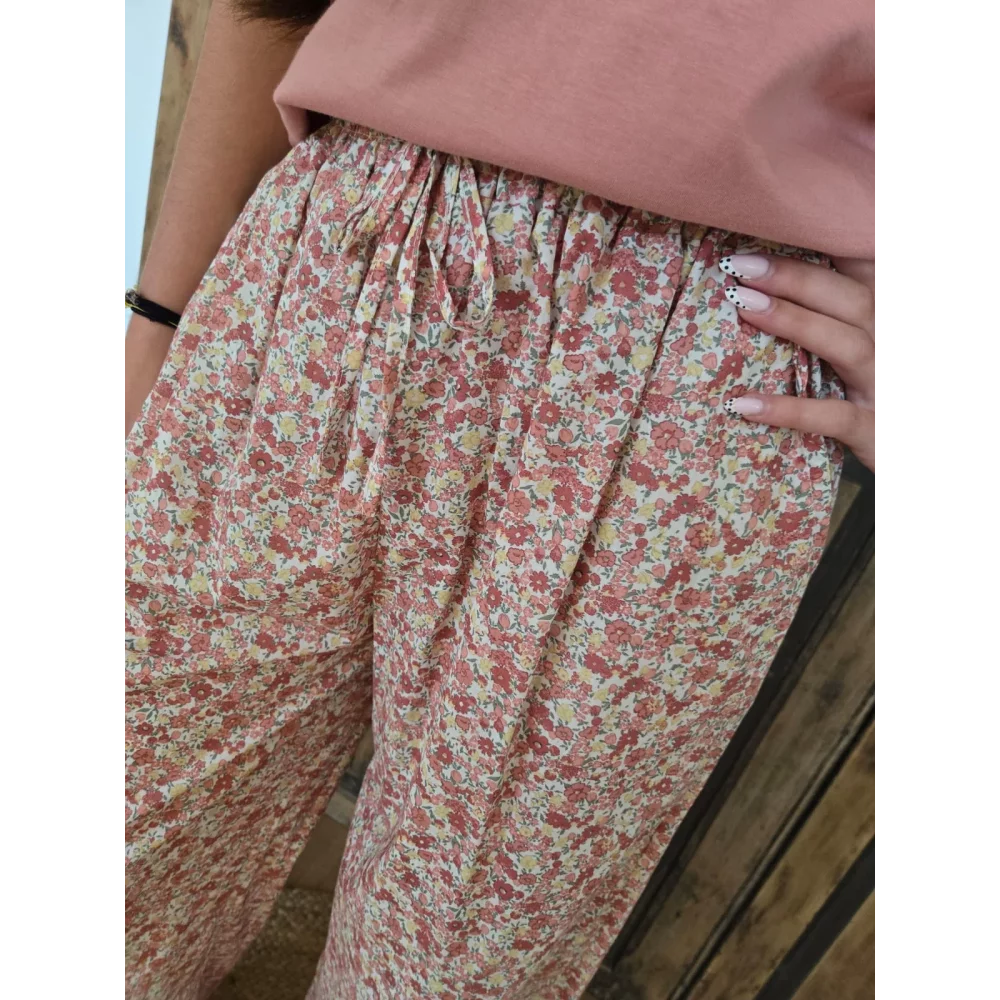 Pantalon fluide en coton fleurs liberty vieux rose