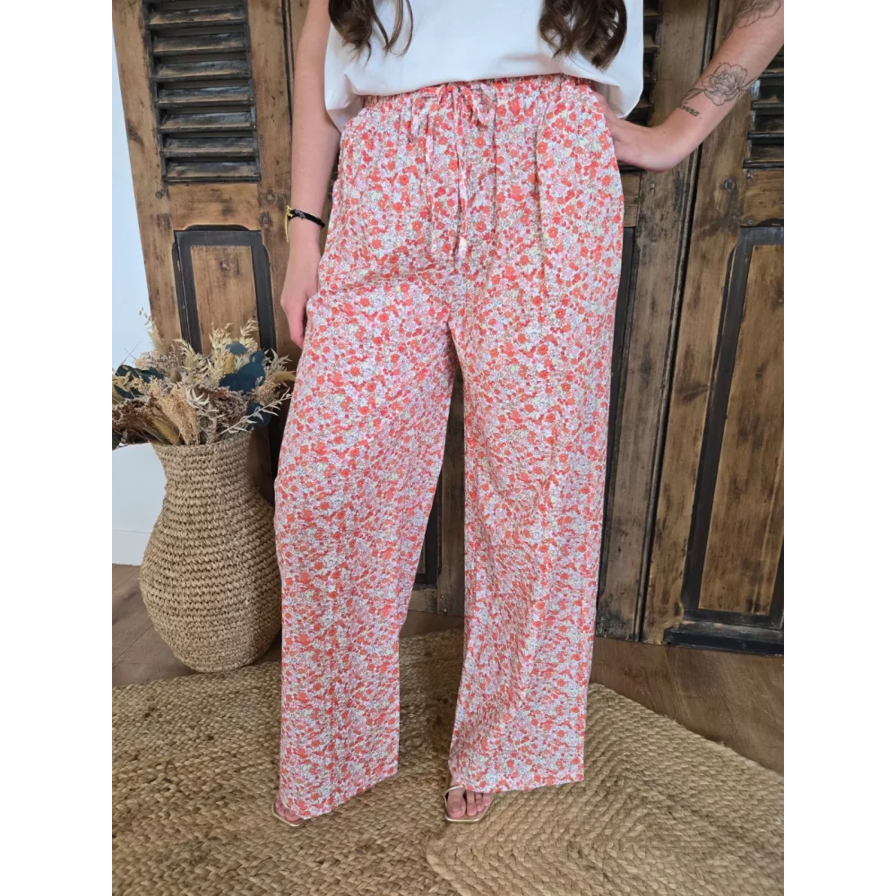 Pantalon fluide en coton fleurs liberty corail
