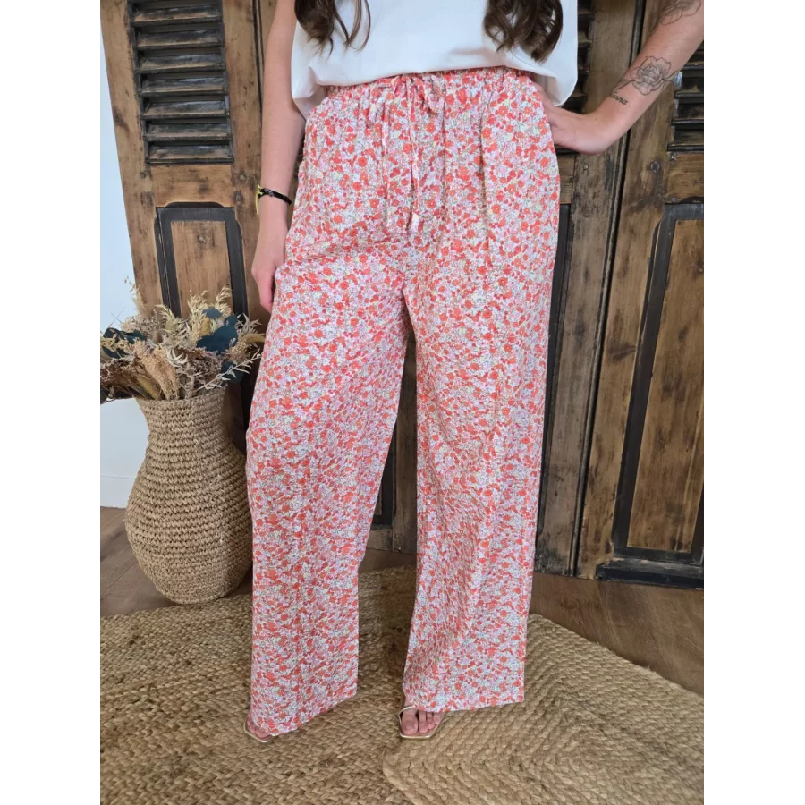 Pantalon fluide en coton fleurs liberty corail