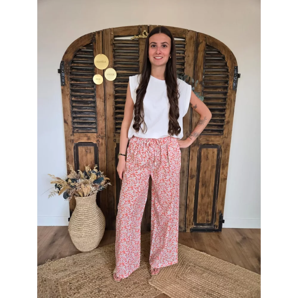 Pantalon fluide en coton fleurs liberty corail