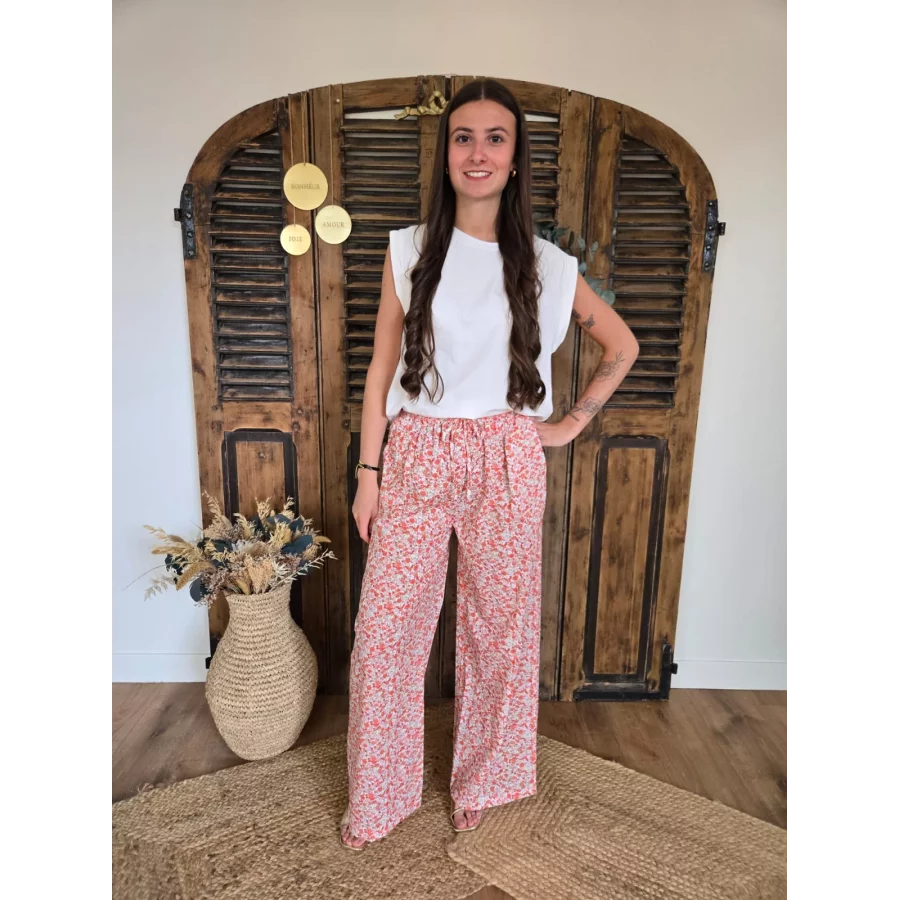Pantalon fluide en coton fleurs liberty corail