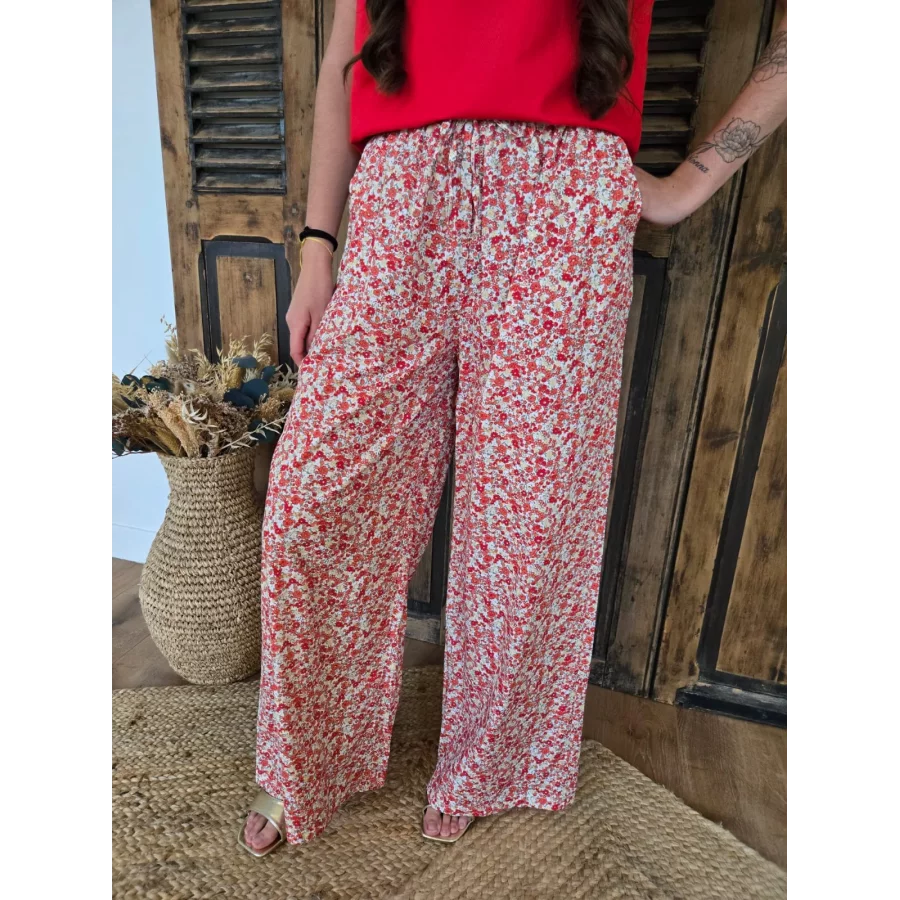Pantalon fluide en coton fleurs liberty rouge