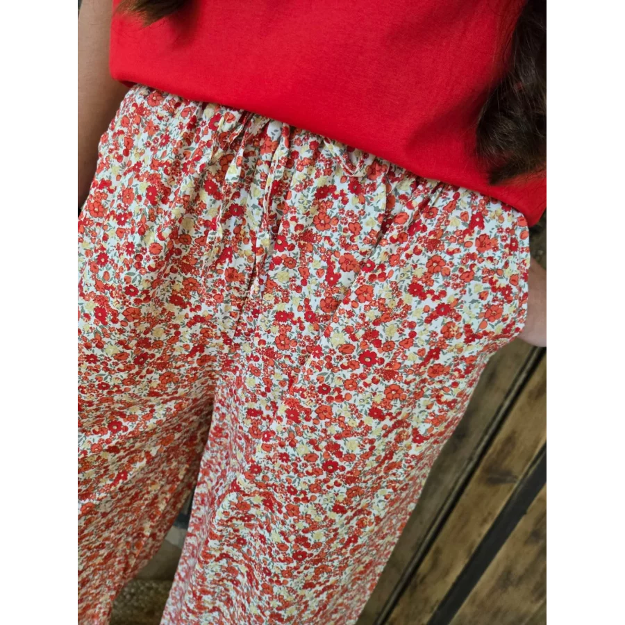Pantalon fluide en coton fleurs liberty rouge