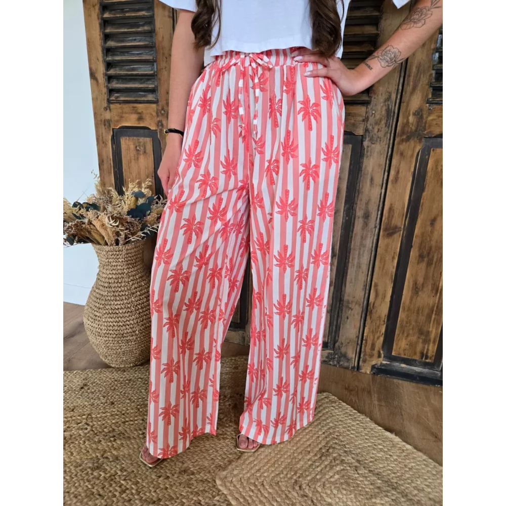 Pantalon fluide en coton corail rayé et palmiers