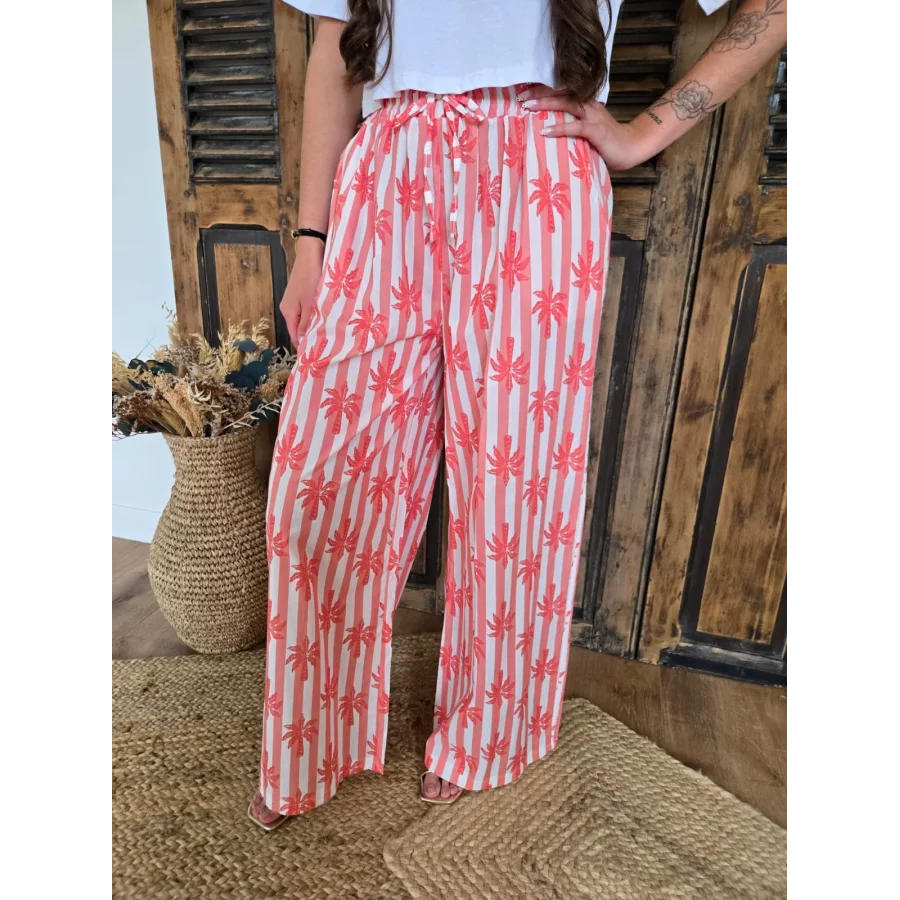 Pantalon fluide en coton corail rayé et palmiers