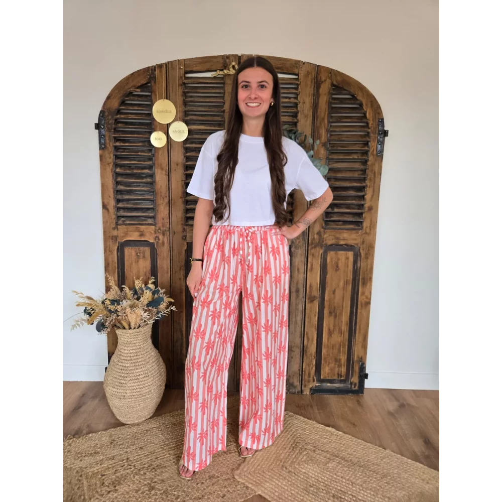 Pantalon fluide en coton corail rayé et palmiers