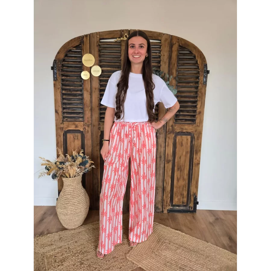 Pantalon fluide en coton corail rayé et palmiers