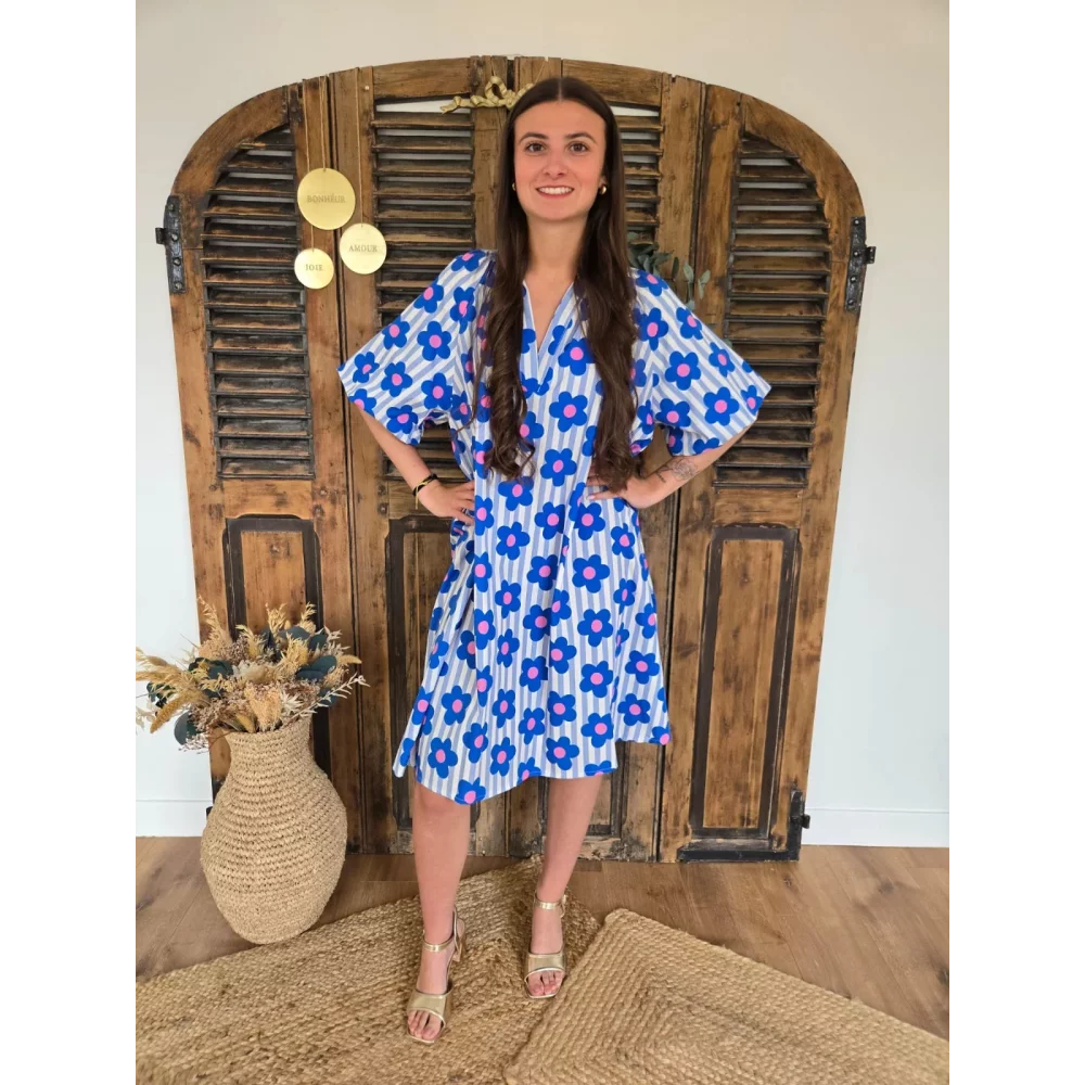 Robe coton rayée bleu et fleurs manches bouffantes