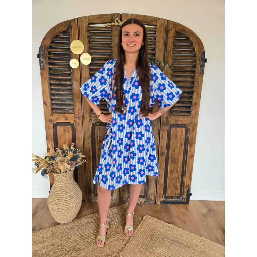 Robe coton rayée bleu et fleurs manches bouffantes