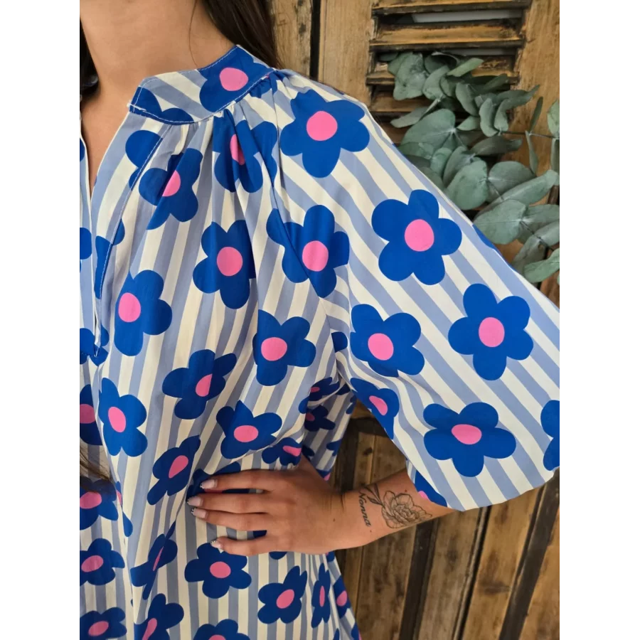 Robe coton rayée bleu et fleurs manches bouffantes