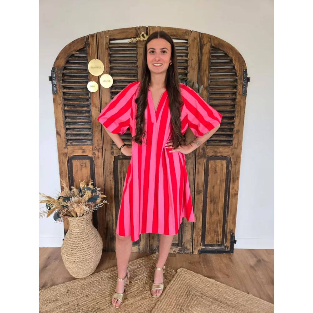 Robe coton rayée fuchsia et rouge manches bouffantes