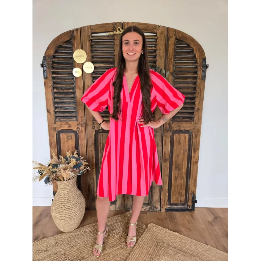 Robe coton rayée fuchsia et rouge manches bouffantes