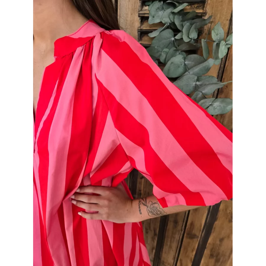 Robe coton rayée fuchsia et rouge manches bouffantes