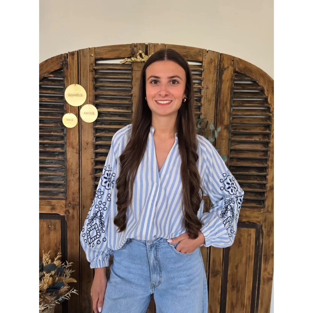 Blouse Eleonore rayures bleu et broderies