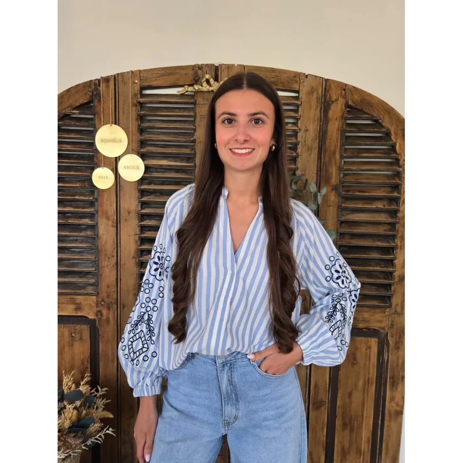 Blouse Eleonore rayures bleu et broderies