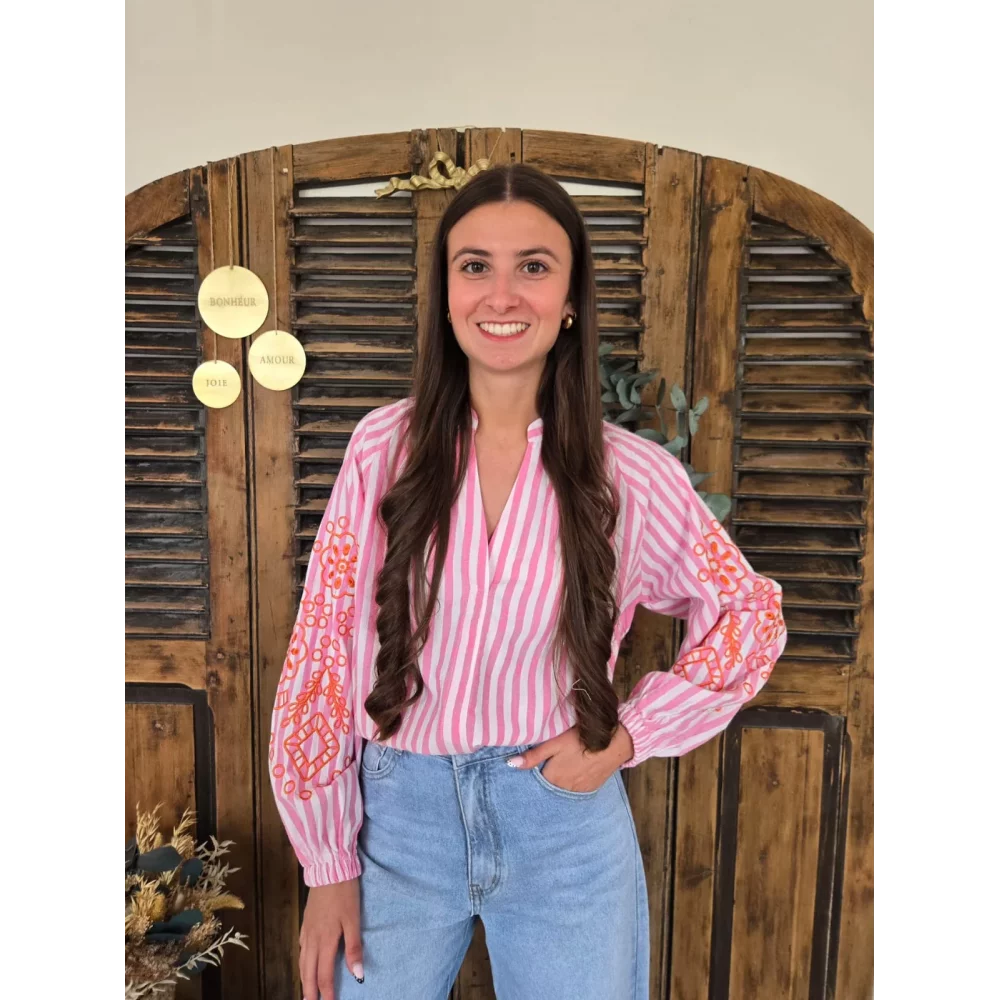 Blouse Eleonore rayures rose et broderies