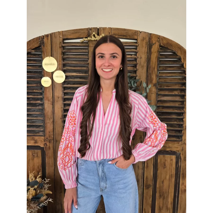 Blouse Eleonore rayures rose et broderies