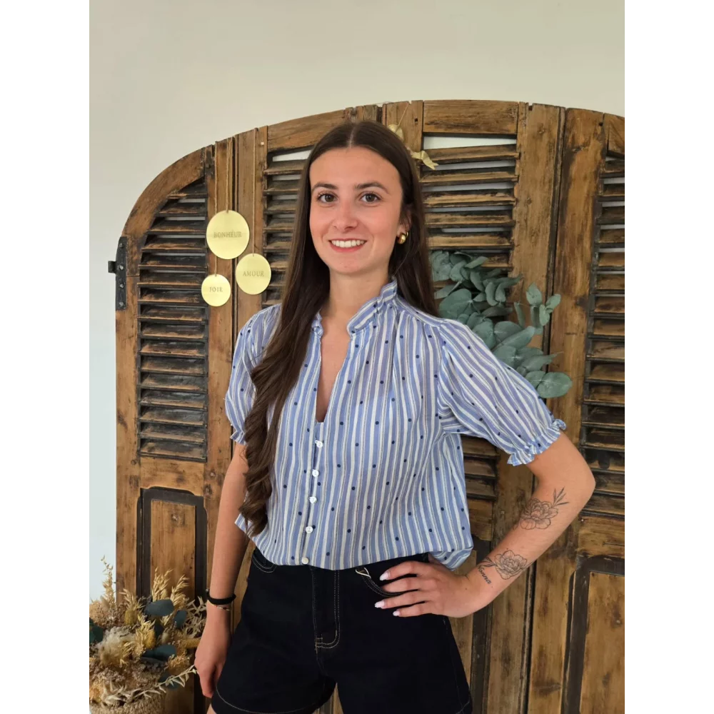 Blouse Celestine rayures bleu et pois