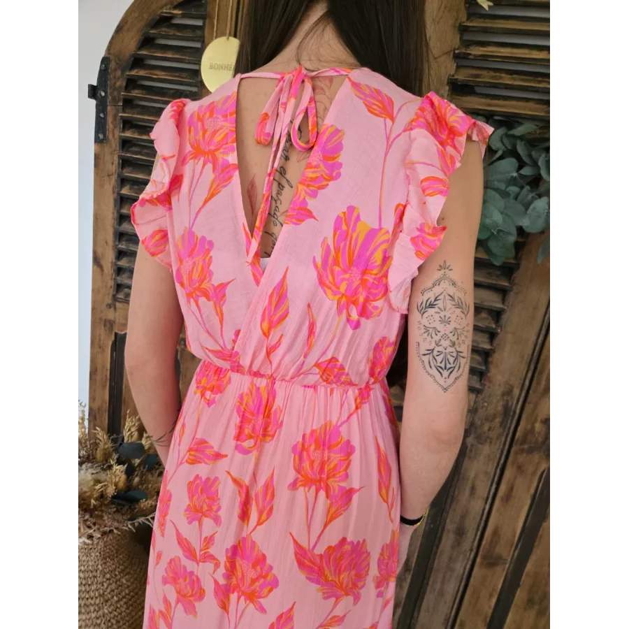 Robe longue Judith rose fleurs fuchsia