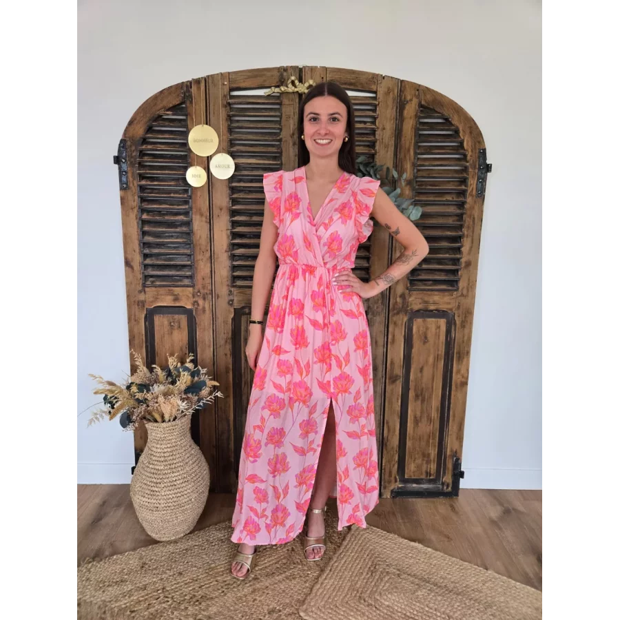 Robe longue Judith rose fleurs fuchsia