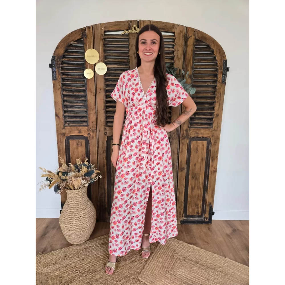 Robe longue Madeleine fleurs corail