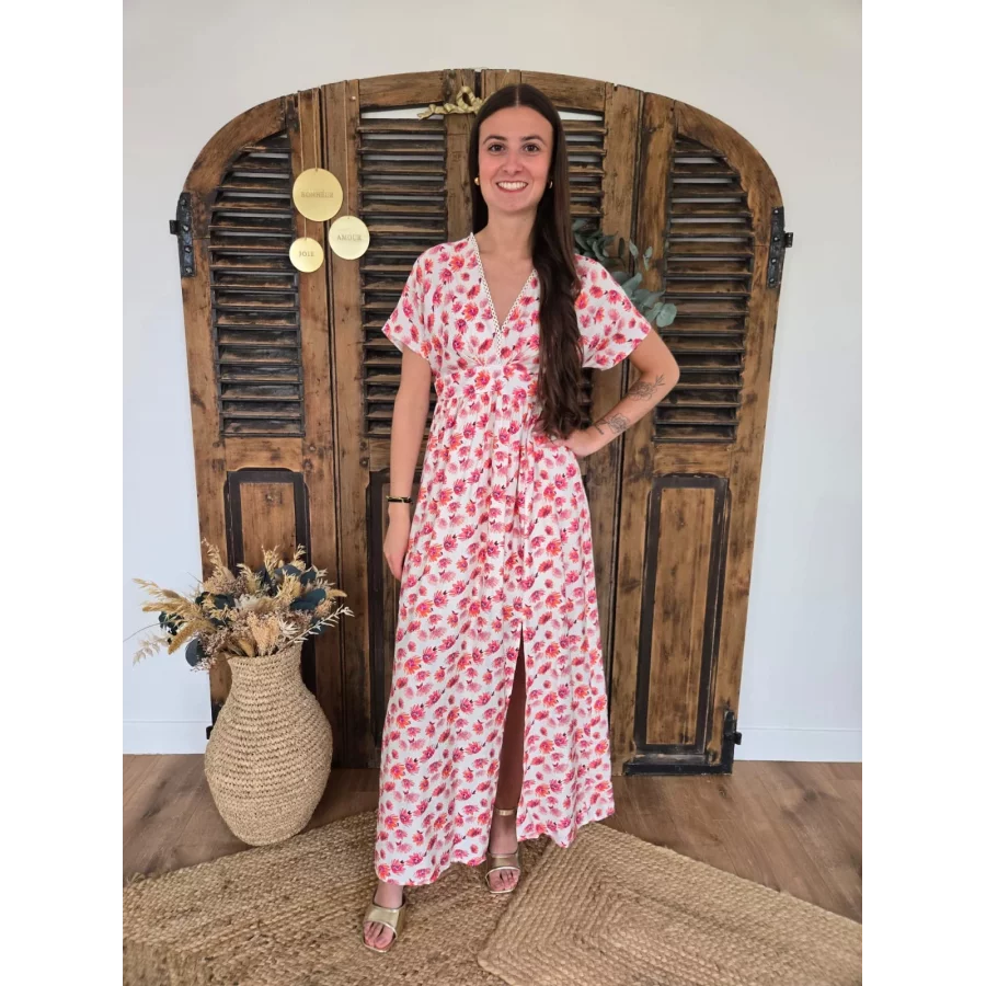 Robe longue Madeleine fleurs corail