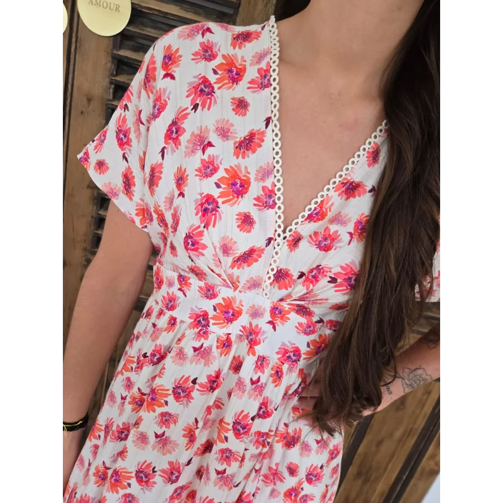 Robe longue Madeleine fleurs corail